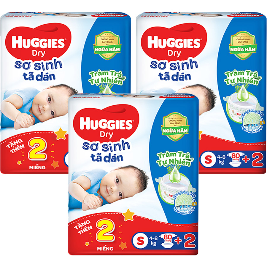 Combo 3 Tã dán sơ sinh Huggies mới (4kg-8kg) - Gói 80 miếng Tràm Trà + Tặng 2 miếng