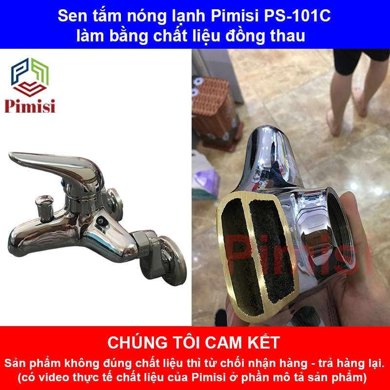 Vòi hoa sen tắm nóng lạnh Pimisi bằng đồng thau, mạ crom-niken sáng bóng dùng trong nhà tắm, điều chỉnh nước bằng gật gù nóng lạnh gắn tường đầy đủ đế cài tay sen - bát sen tắm tăng áp - dây sen mạ inox bóng mềm - chân nối chữ Z | Hàng chính hãng