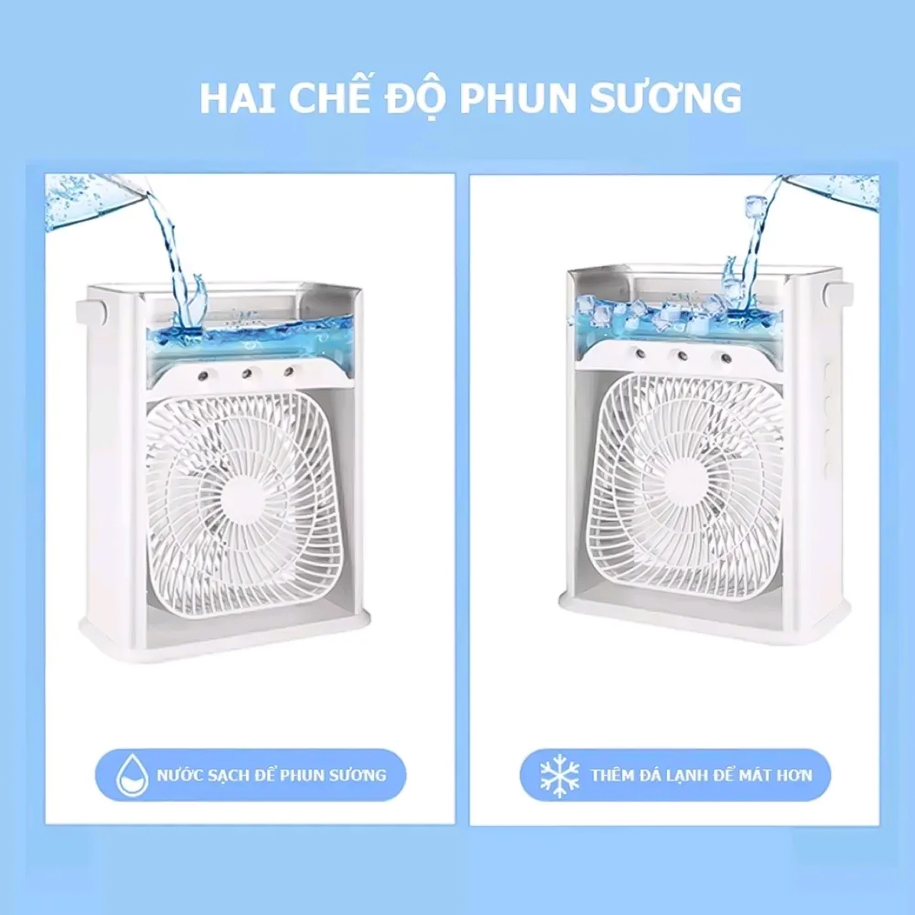 Quạt điều hoà mini phun sương bằng hơi nước làm mát không khí nhỏ gọn để bàn có 5 ô phun sương, 3 chế độ hẹn giờ thông minh có khay đá - hàng chính hãng