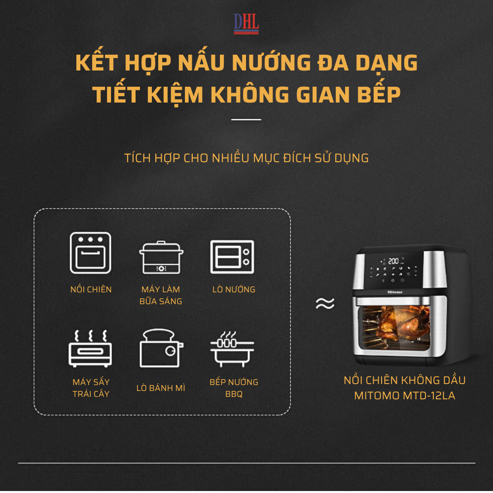 Nồi chiên không dầu Mitomo MTD-12LA, dung tích 12L công suất 1700W - Hàng chính hãng