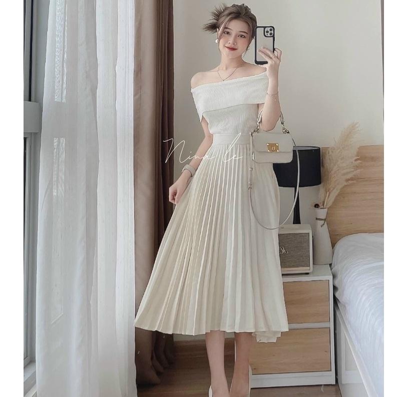 FREESHIP Set Bộ Đồ Nữ Áo Thun Gân Trễ Vai Kèm Chân Váy Sếp Ly Tiểu Thư Khoe Eo Tôn Dáng body KIM GIA DS
