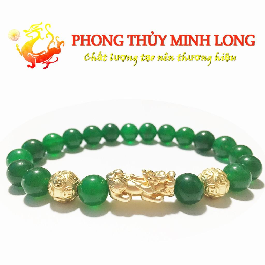 Vòng tay đá Mã Não Xanh 3A mix tỳ hưu và 2 hạt kim tiền Vàng hợp mệnh Hỏa và Mộc