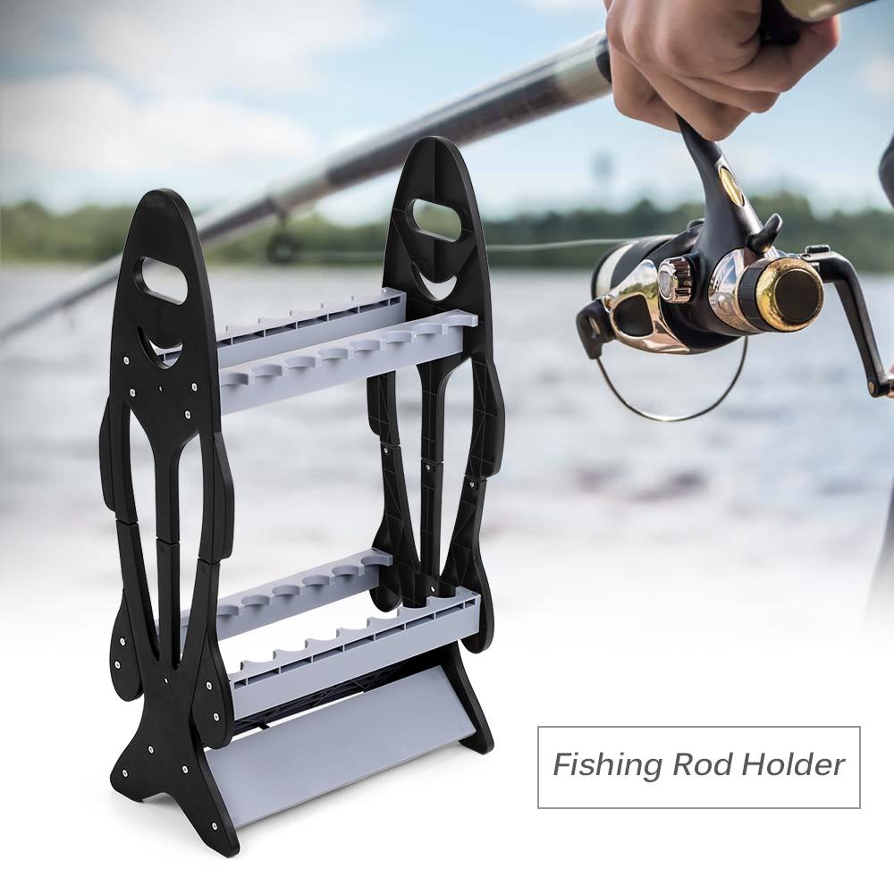 Giá đỡ cần câu hình dạng con cá, có 16 chỗ để, được làm bằng nhựa chất lượng cao, nhẹ và bền
