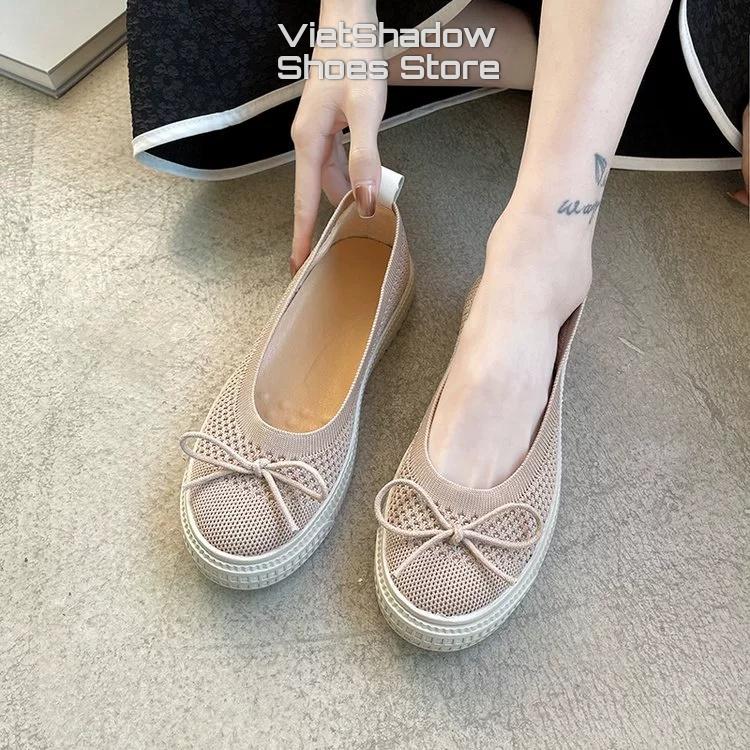 Slip on kiểu búp bê - Giày lười nữ dệt kim 3D nguyên chiếc 2 màu đen và khaki, đế cao su mềm chống trơn trượt - Mã A31