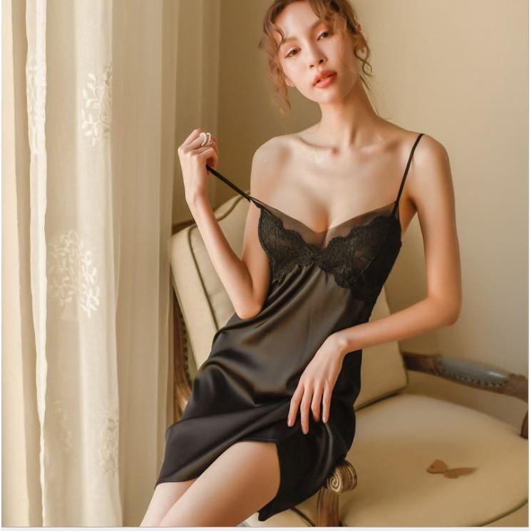 Xả kho Váy ngủ hai dây lụa satin quyến rũ dành cho bạn nữ Đầm ngủ phối ren cao cấp