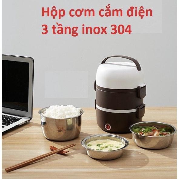 Cặp Lồng Hộp Cơm Cà Men Giữ Nhiệt 3 Tầng Bằng Inox Có Lõi Cắm Điện Hâm Nóng Thức Ăn.