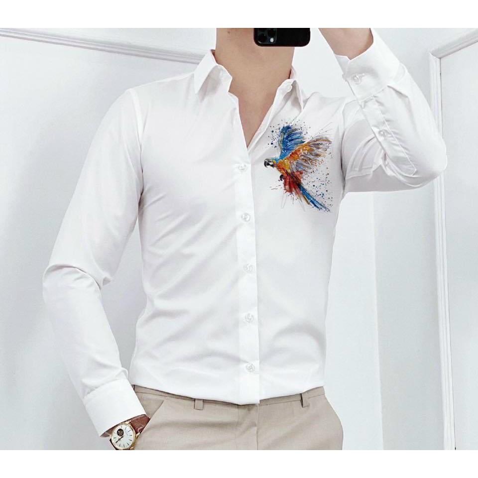 Áo sơ mi nam trắng -  Áo sơ mi nam đẹp  họa tiết chim sơn ca