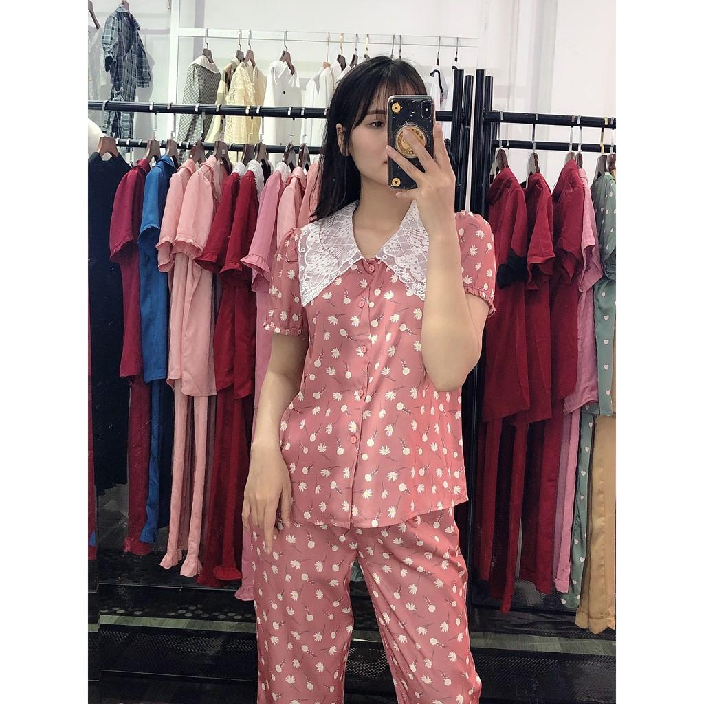 Bộ đồ PYJAMA Lụa mặc nhà_ Set áo cộc quần dài cổ ren tiểu thư nữ tính phối họa tiết hoa nhí dễ thương