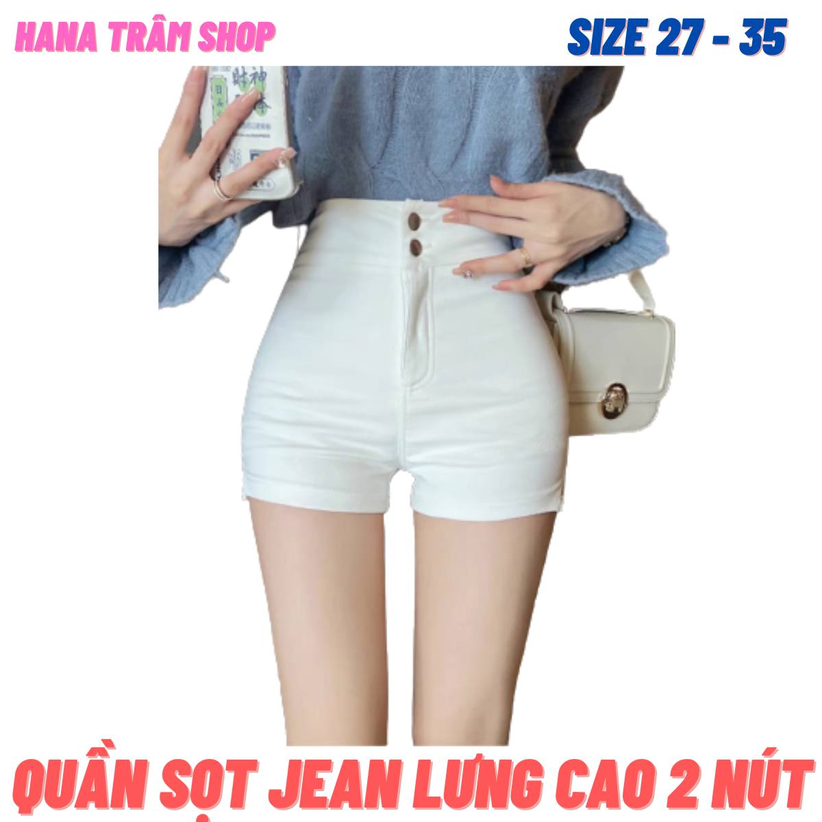 Quần Sọt Jean Nữ Lưng Cao Màu Trắng 2 Nút