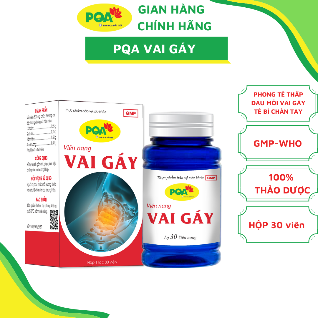 PQA Viên nang Vai Gáy là dược phẩm thảo dược hỗ trợ mạnh gân cốt, hạn chế triệu chứng đau mỏi xương khớp cho người bị đau nhức mỏi xương khớp, vai gáy, tê chân tay do phong thấp.