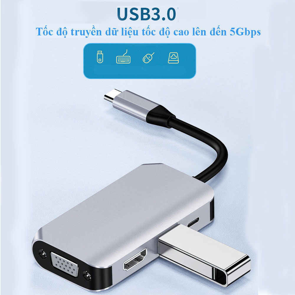 Hub Chuyển Đổi USB TypeC to VGA/HDMI/USB/PD SeaSy HW-6004 ,Cổng HDMI Hỗ Trợ 4K UHD, Cổng VGA Độ Phân Giải Full HD, Cổng USB 3.0 Tốc Độ Cao, Tương Thích Với Macbook pro/Macbook Air/Laptop/Ipad/Smartphone Samsung Dex, Huawei, Oppo– Hàng Chính Hãng