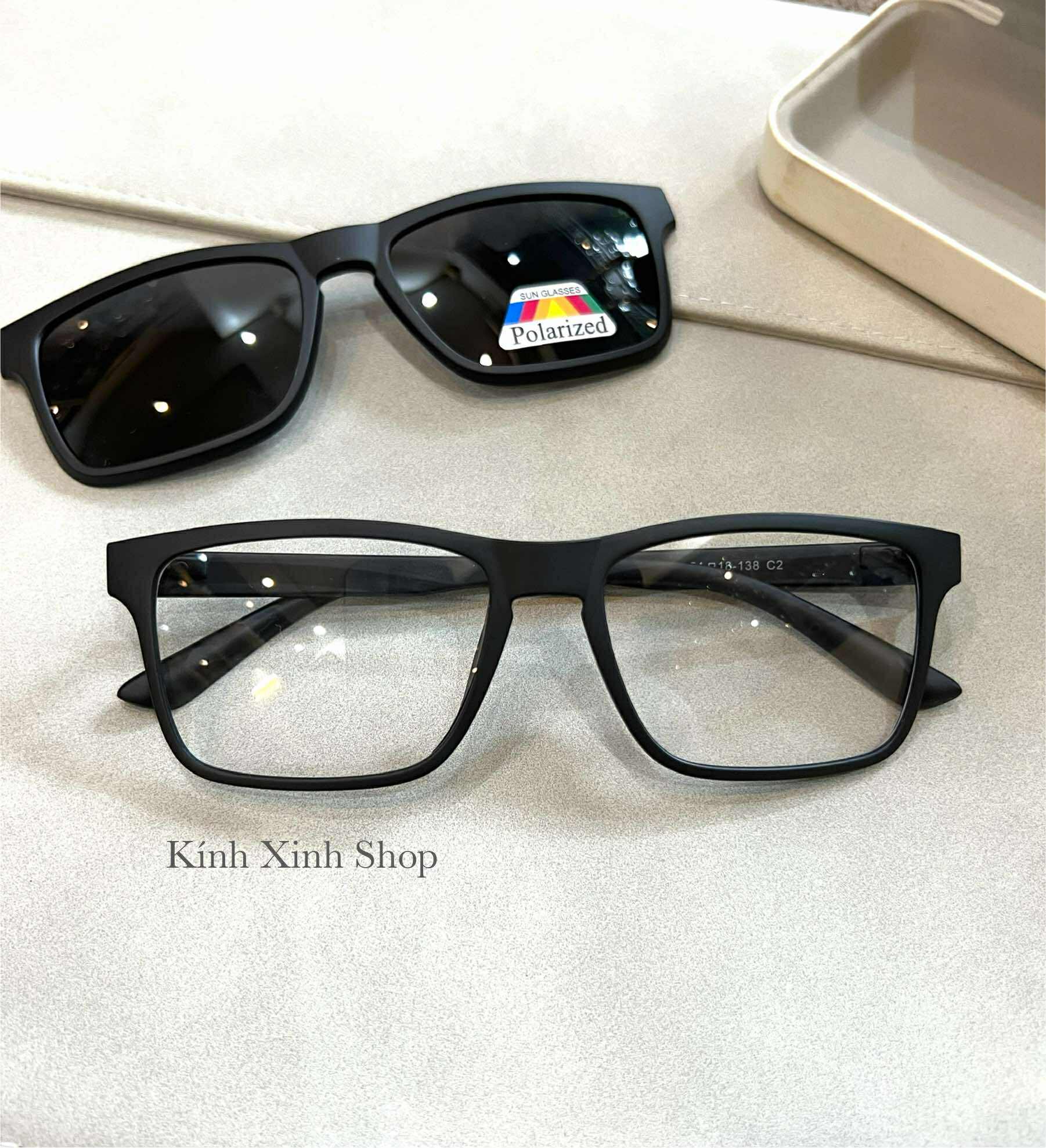 Kính Râm Cận, Gọng Kính Cận, Kính Mát 2 Tròng 2in1 Mắt Vuông Gọng Ultem