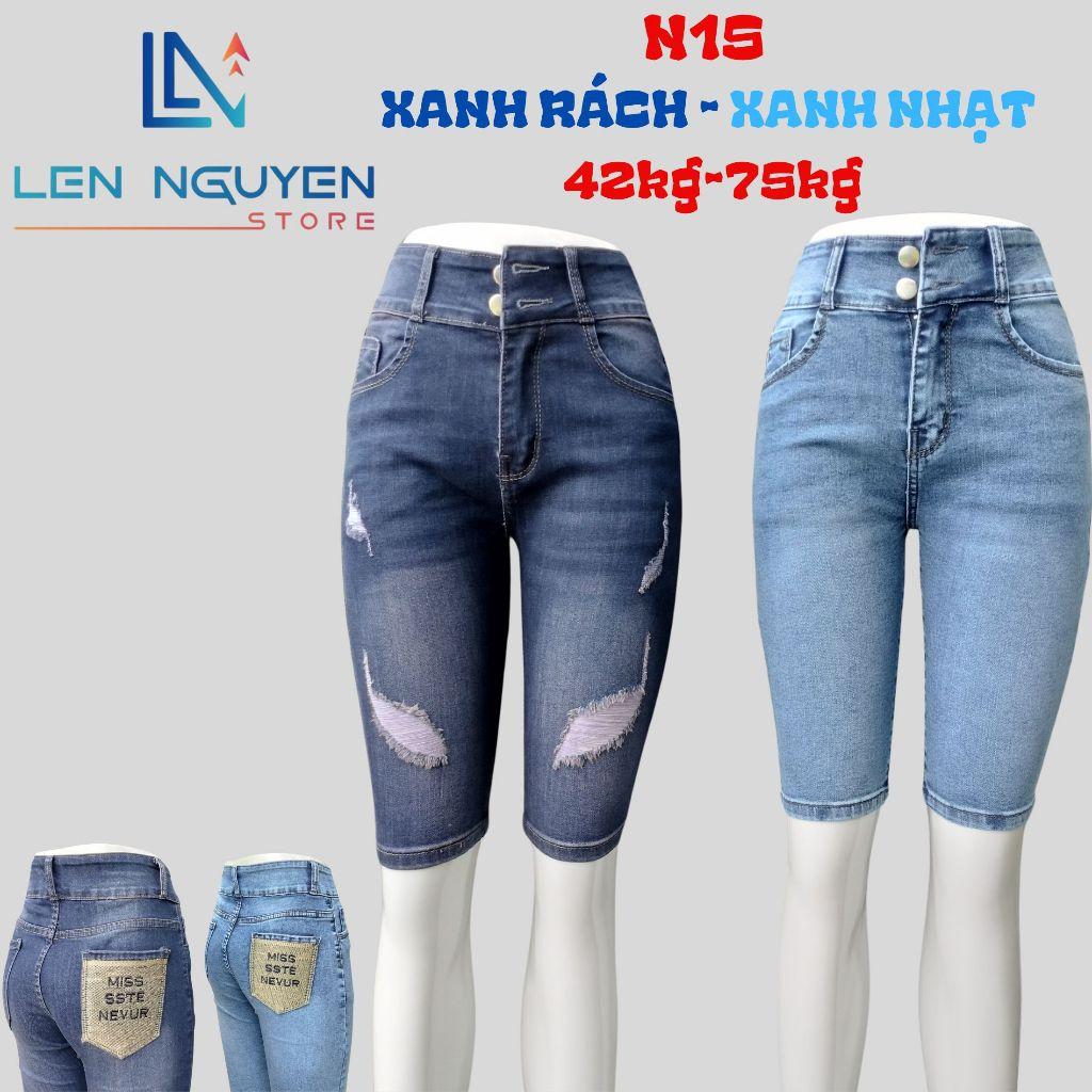 N15_Quần jean nữ, ngố 5 tất, lưng cao, quần bò nữ dáng ôm, quần rin nữ có big size, cho 42kg đến 75kg,LEN NGUYEN STORE - Xanh Nhạt