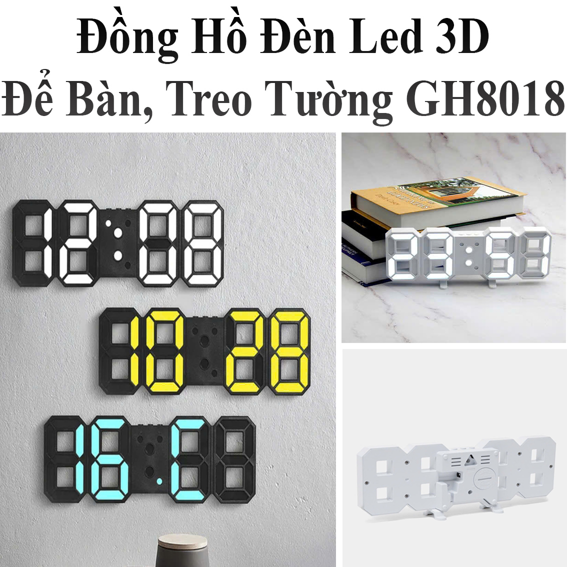 Đồng Hồ Đèn Led 3D Để Bàn, Treo Tường Gh8018 Có Báo Thức, Ngày Tháng Nhiệt Độ