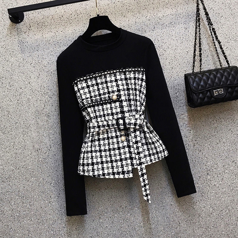 Áo kiểu nữ dài tay công sở đính ngọc hoạ tiết caro SIZE M