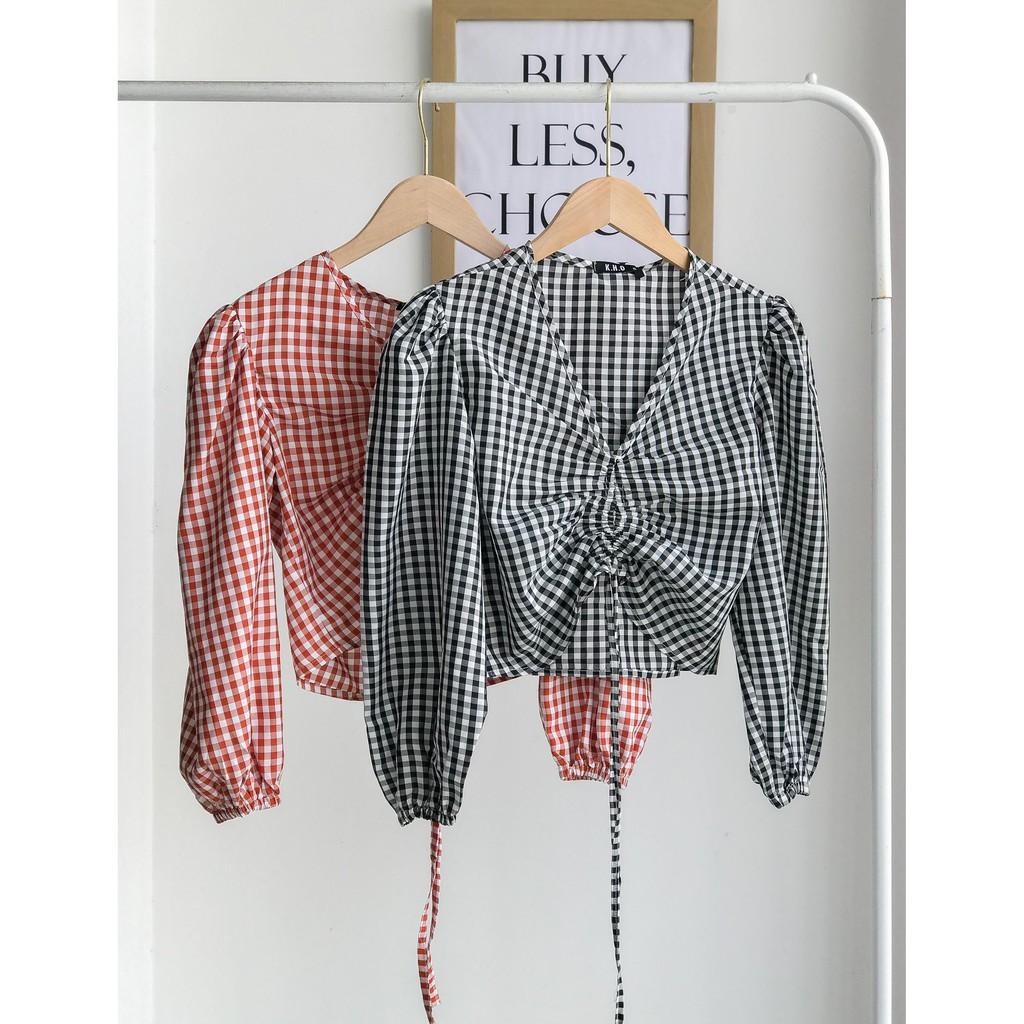 Áo croptop tay dài nhún ngực tôn dáng, áo đi biển tay phồng caro 2 màu, áo dây rút kiểu dáng hàn quốc, vải cotton mát