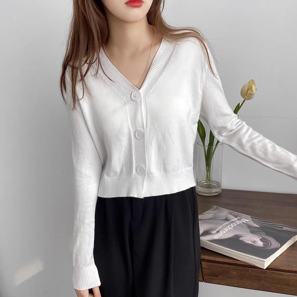 Áo khoác cardigan len mỏng nữ mềm mịn tay dài cổ V dáng ngắn phong cách Hàn Quốc 2021 New Arival