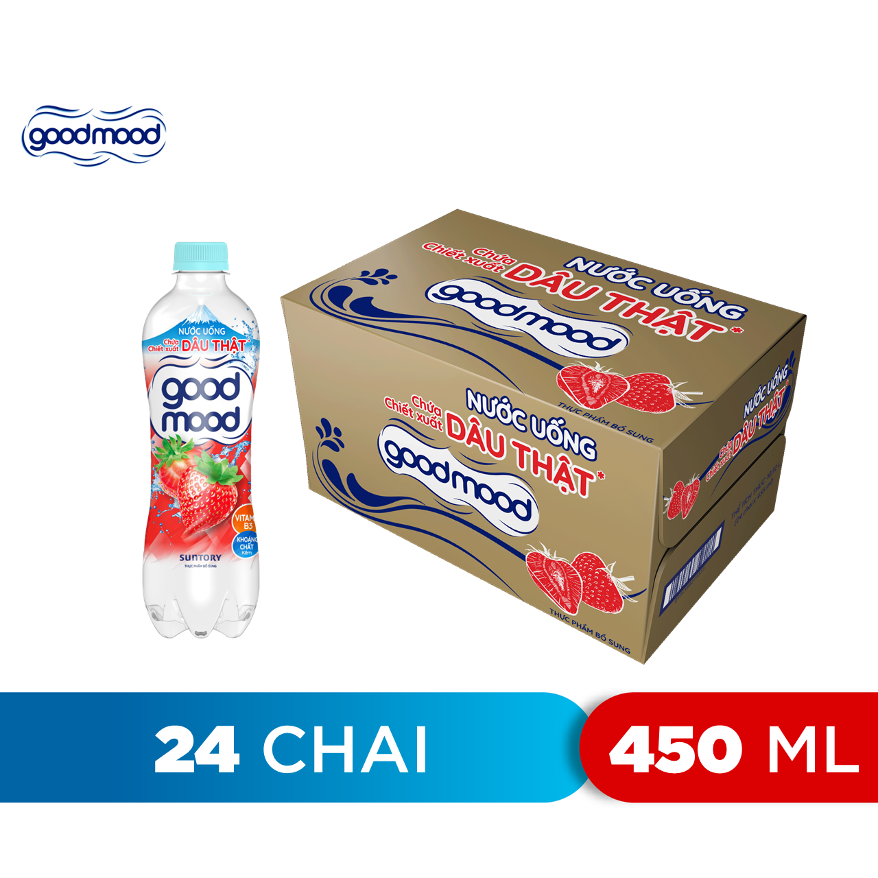 Thùng 24 Chai Nước Uống Chứa Chiết Xuất Dâu Thật Good Mood (450ml/Chai)