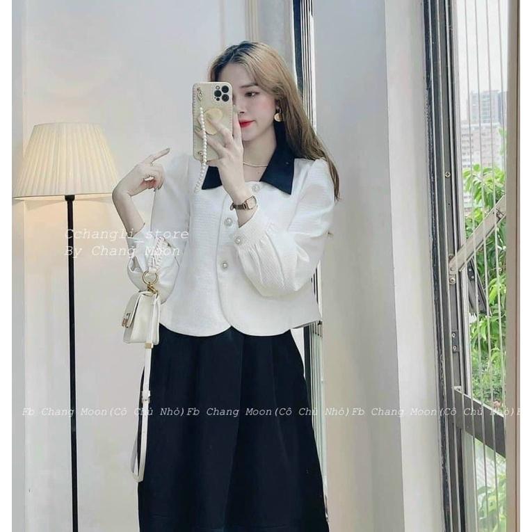 Set áo gấm trắng cổ đen kèm chân váy đen dài