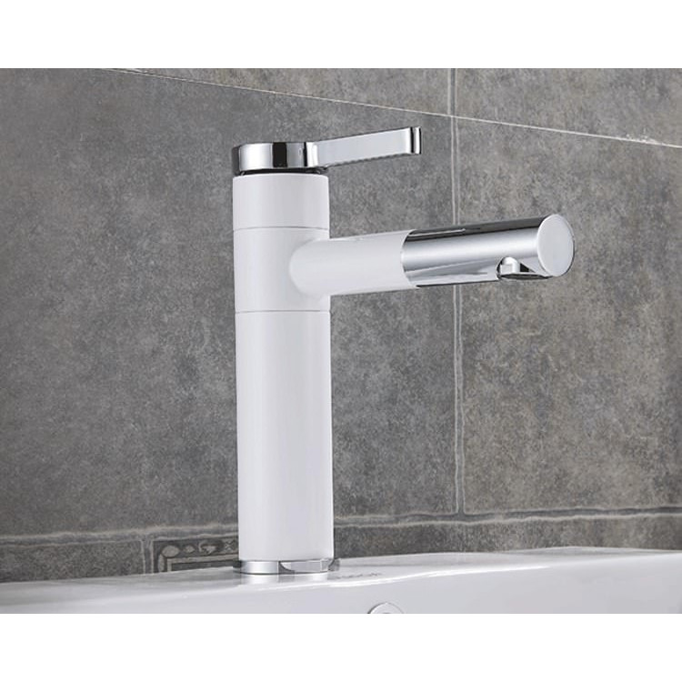 Vòi Lavabo nóng lạnh bóng kính trắng, chân vừa + 2 dây cấp