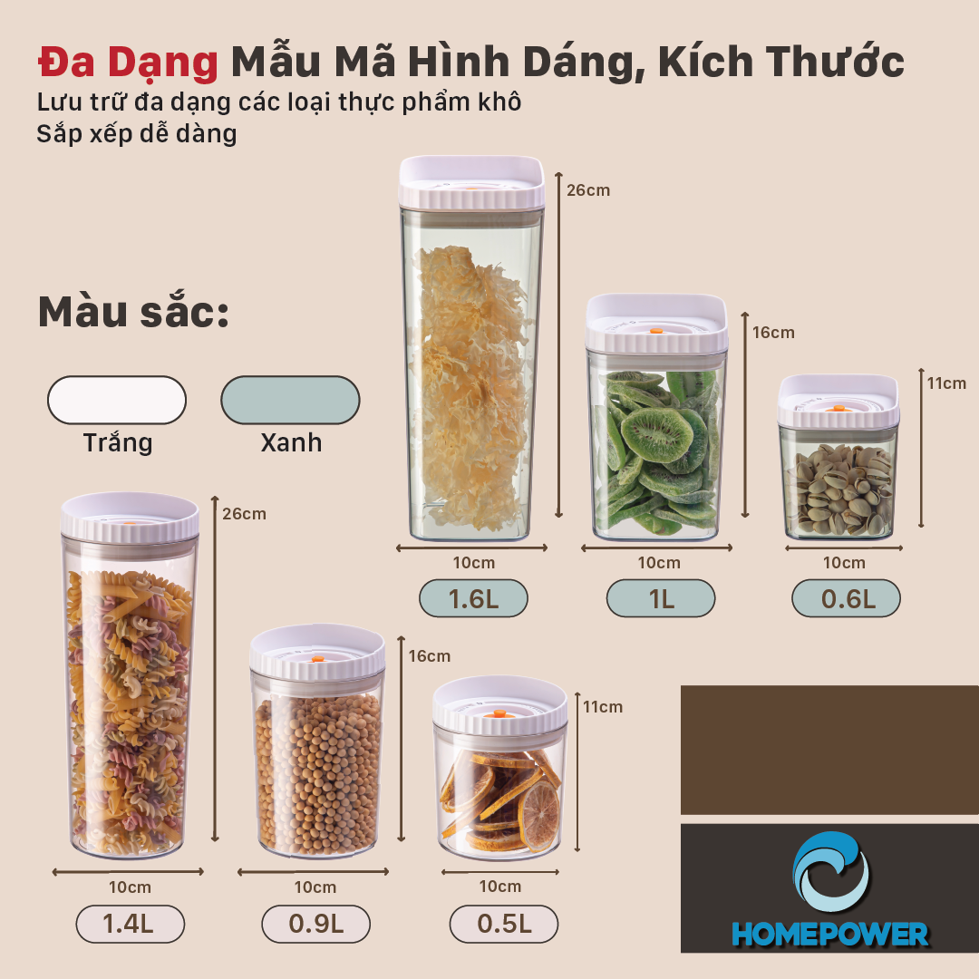 Hộp nhựa bảo quản thực phẩm khô, hộp đựng ngũ cốc hút chân không có vòng ghi chú thời gian Homepower chống ẩm mốc mối mọt