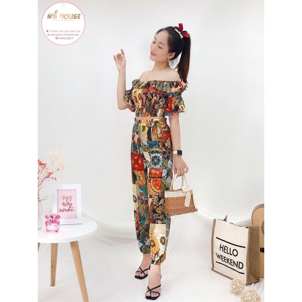 SET ĐỒ NỮ ĐI CHƠI THỔ CẨM NHIHOUSE71 ÁO BẸT VAI QUẦN ỐNG RỘNG FREESIZE DƯỚI 55KG
