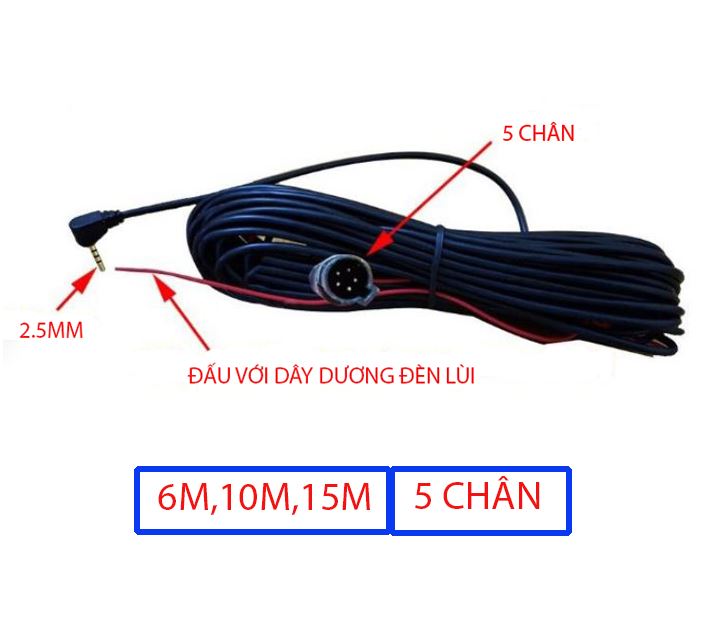 Dây camera lùi ô tô 5 chân dài 6m,10m,15m kết nối camera hành trình bằng jack 2.5mm