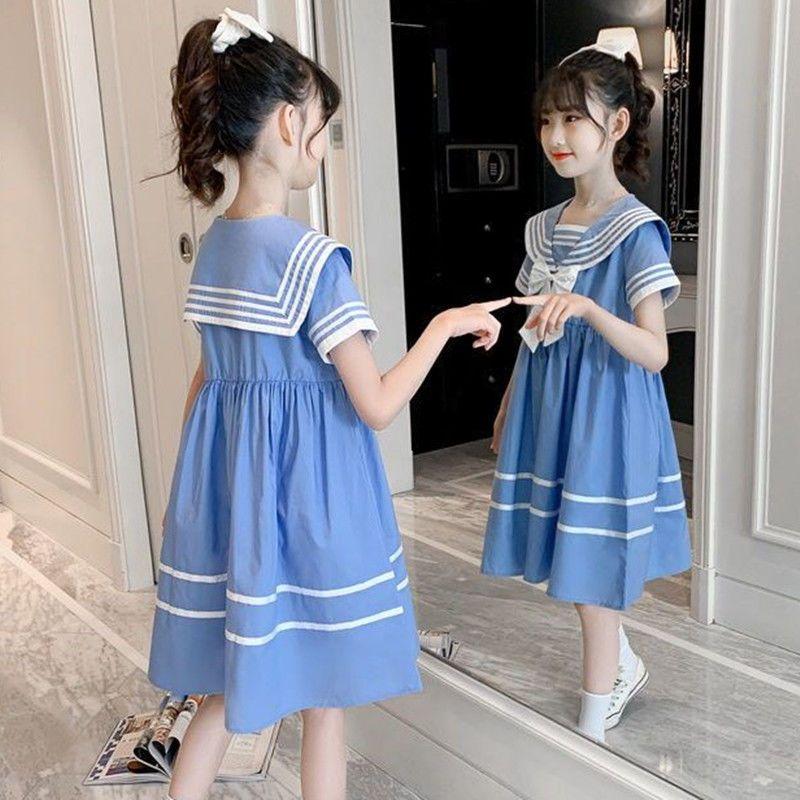 DONGSHOP HOT Cô gái ăn mặc 2023 mùa hè Hàn Quốc phong cách hải quân cổ áo váy cho trẻ em trung bình lớn ăn mặc công chúa web đỏ