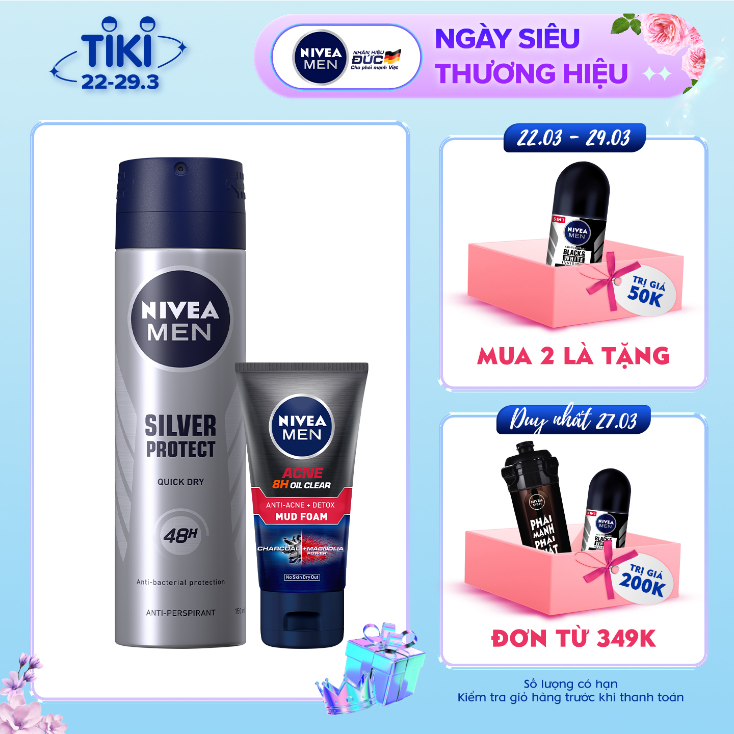 Combo Nivea MEN Sữa rửa mặt Detox Mud Bùn Khoáng - 83940 &amp; Xịt Ngăn Mùi Silver Protect Phân Tử Bạc (150ml) - 82959