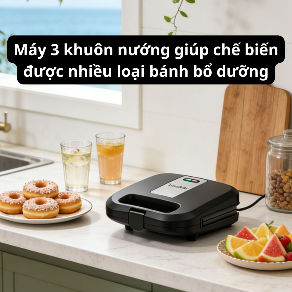 Máy kẹp nướng bánh mì đa năng 3IN1 Lumabella LB-58097 công suất lớn 750W, khay nướng chống dính tháo lắp dễ dàng, dễ vệ sinh - DELIYA - HÀNG CHÍNH HÃNG