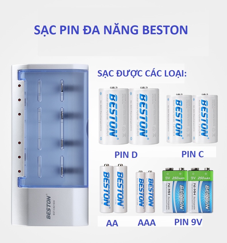 Sạc Pin Đa Năng BESTON C906W dùng cho pin AA/AAA/9V/C/D Sạc nhanh, tự ngắt, có màn hình LCD báo phần trăm