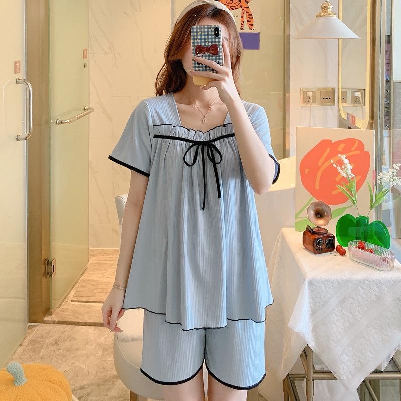 Đồ Bộ Nữ - Đồ Mặc Nhà Vải Thun Tay Cộc Quần Cộc Màu Trơn Phối Nơ Dễ Thương CCTT11