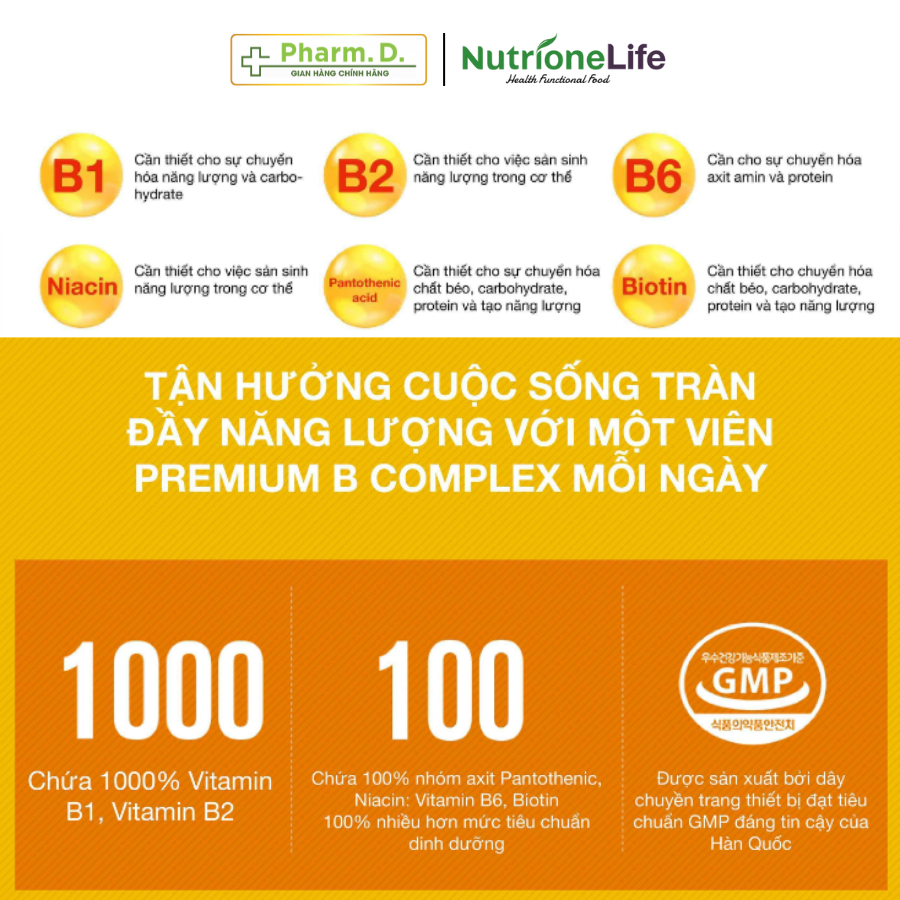 Viên Uống bổ sung Vitamin B Complex Giúp Giảm Căng Thẳng Mệt Mỏi, Suy Nhược NUTRIONELIFE Premium B Complex (30 Viên)