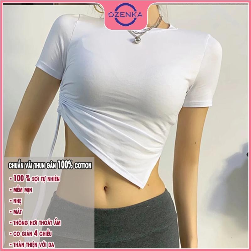 Áo croptop tay ngắn rút dây sẻ gấu cổ tròn OZENKA , crt ôm body chất liệu len gân cao cấp màu đen trắng