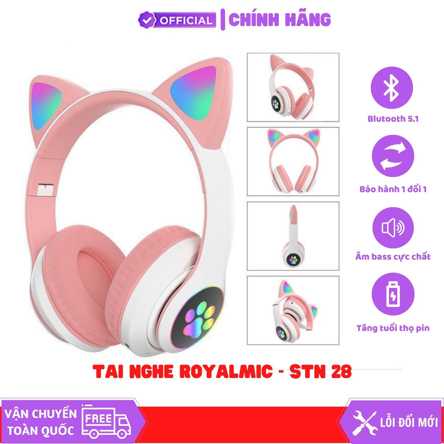 Tai Nghe Bluetooth Chụp Tai Tai nghe chụp tai ROYALMIC STN 28 Headphone kiểu dáng Tai Mèo Dễ Thương Có Mic, Âm Bass Mạnh Mẽ Tặng kèm dây kết nối máy tính 1.5m tiện lợi ( Mầu Ngẫu Nhiên ) - Hàng Chính Hãng