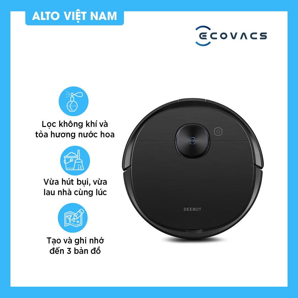 Robot hút bụi lau nhà Ecovacs Deebot T9 Aivi Phiên bản nâng cấp của T8 Aivi Lau hút đồng thời Công nghệ lau rung loại bỏ vi khuẩn Tích hợp lọc không khí và tỏa hương nước hoa Lưu được 3 bản đồ Hàng Chính Hãng