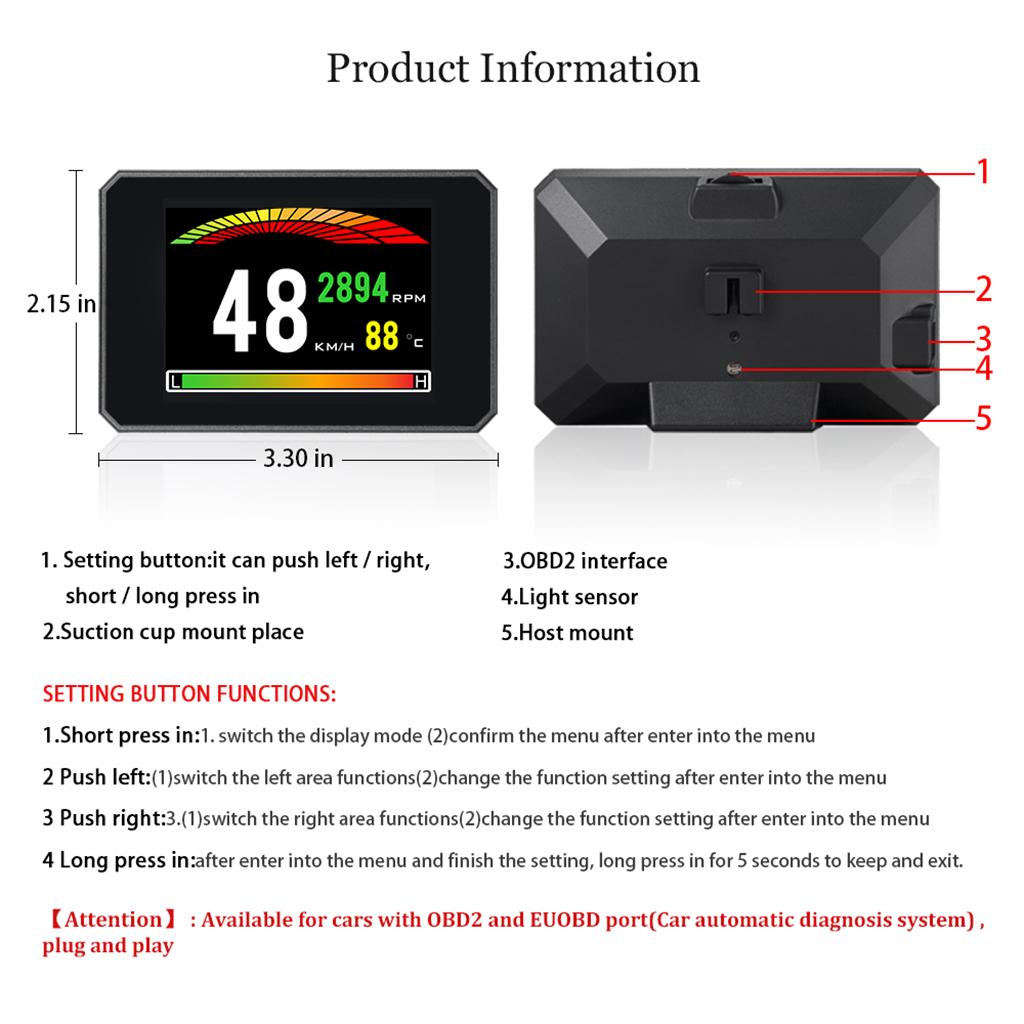 3.9" Car HUD P16 Head-Up Display Speedometer Projector  Warning Gauge