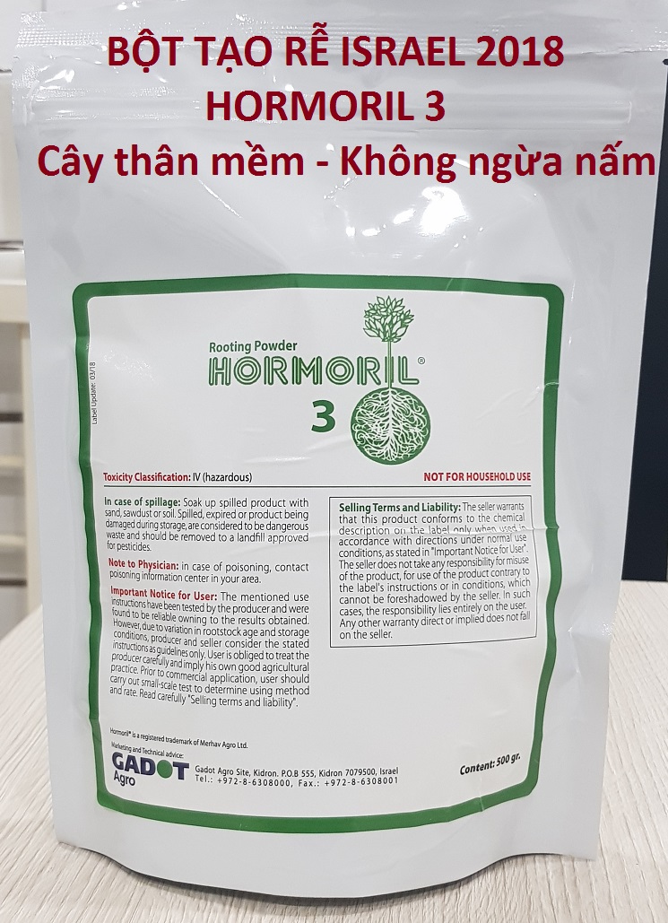 Nhập Khẩu Bột Kích Ra Rễ Israel cho cây thân Thảo, thân Mềm Hormoril 3 và bột kích ra rễ Hormoril T3 (with Fungicide)  có thành phần ngăn ngừa nấm bệnh cho rễ con