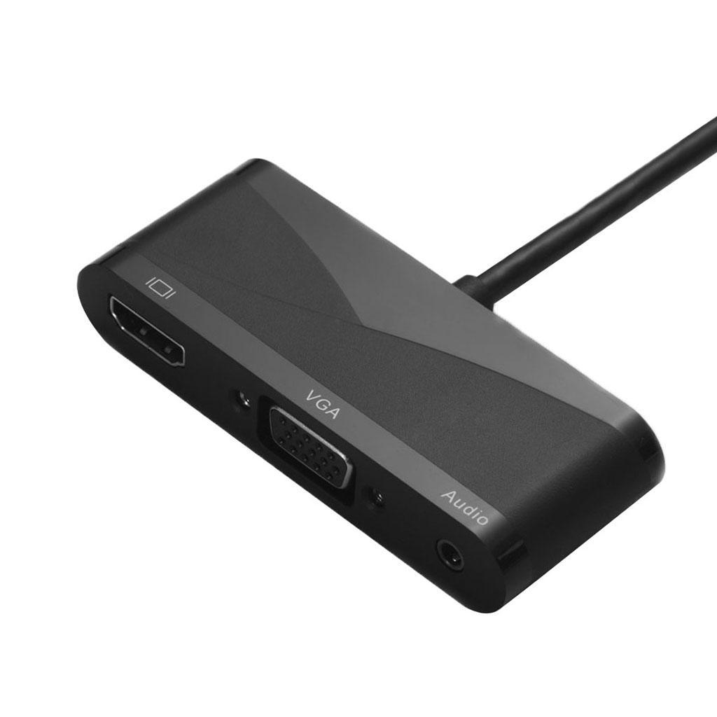 3 in1 Type-C to 1080P HDMI + VGA + 3.5mm Audio Video Converter Adapter Black