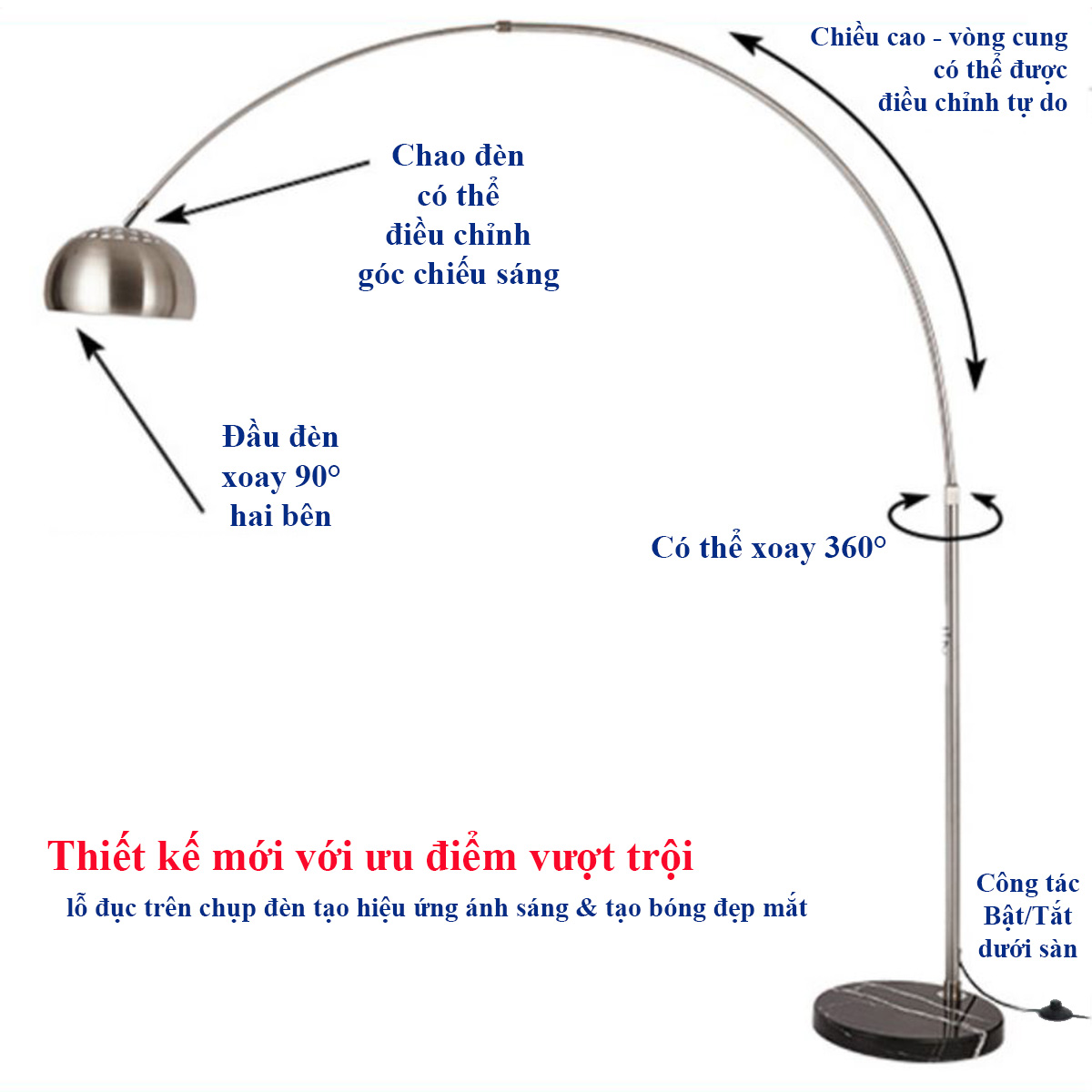 Đèn Đứng Trang Trí Nội Thất Hiện Đại - Uốn Cong, Xoay 360°, Đế Đá Cẩm Thạch Tự Nhiên - Chất Liệu Cao Cấp, Phong Cách Hiện Đại D520 &amp; D570 - Hàng Chính Hãng.