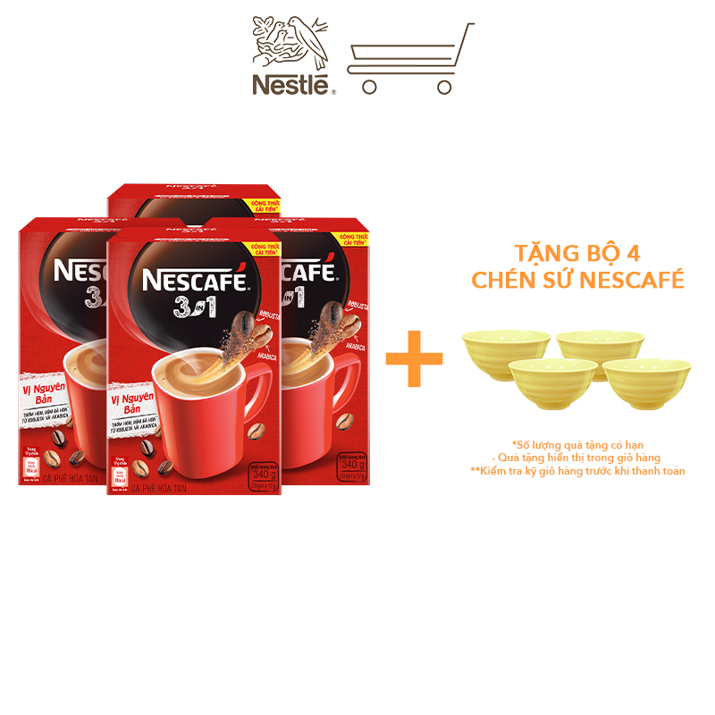 [Quà tặng tháng 11 - Mua 1 Tặng 1 Túi du lịch đa năng] Combo 4 hộp cà phê NESCAFÉ 3IN1 VỊ NGUYÊN BẢN - công thức cải tiến (Hộp 20 gói x 16g)