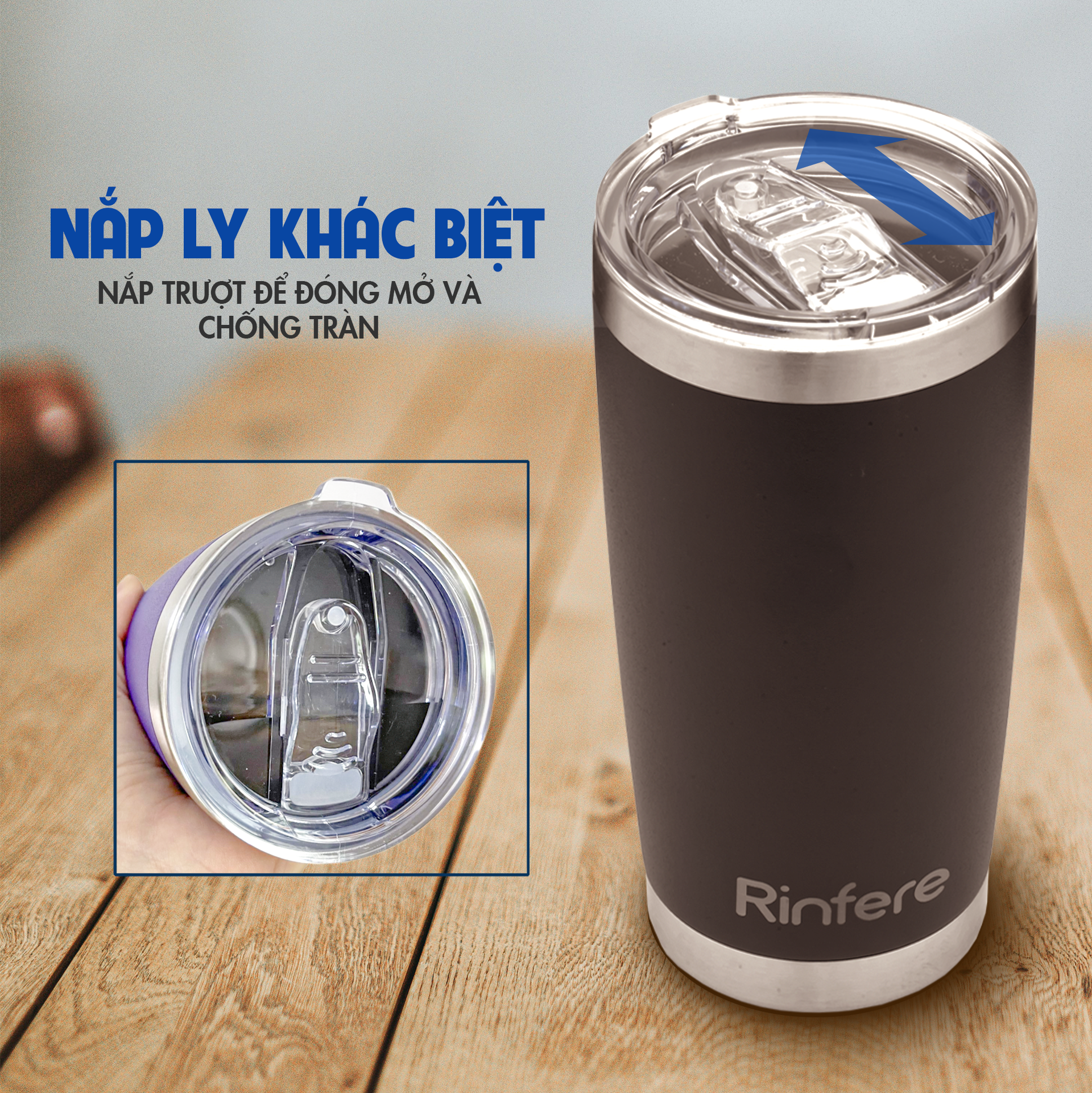 Ly Giữ Nhiệt Nắp Trượt Chống Tràn Rinfere - Tặng Kèm Ống Hút Không Gỉ, Dụng Cụ Vệ Sinh Ông Hút