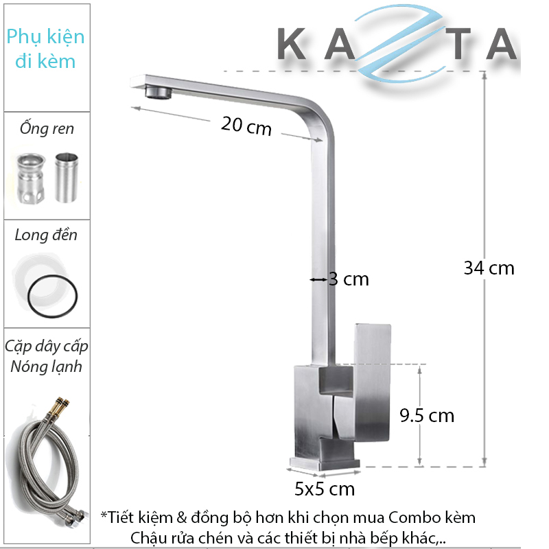 Combo Chậu Rửa Chén Bát  KAZTA KZ-CB10048H Inox Có Hố Rác Tiện Lợi Gồm: Chậu Rửa Chén, Vòi Rửa Chén Và Nhiều Phụ Kiện Kèm Theo