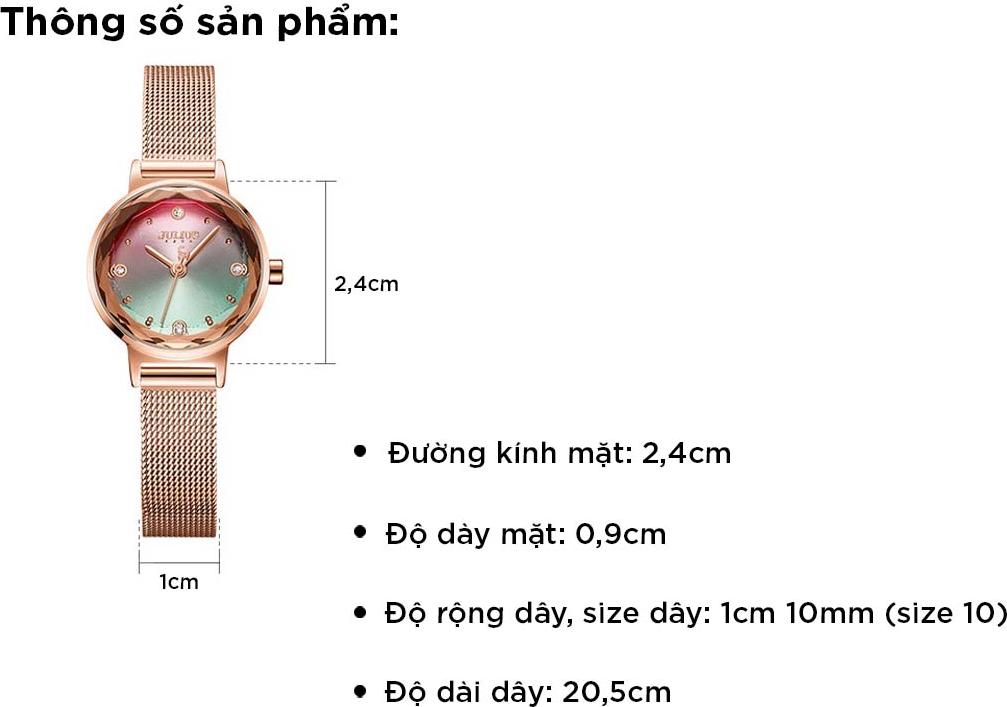 Đồng Hồ Nữ Julius Hàn Quốc JA-999 Mặt Cầu Vồng Dây Thép Màu Đồng