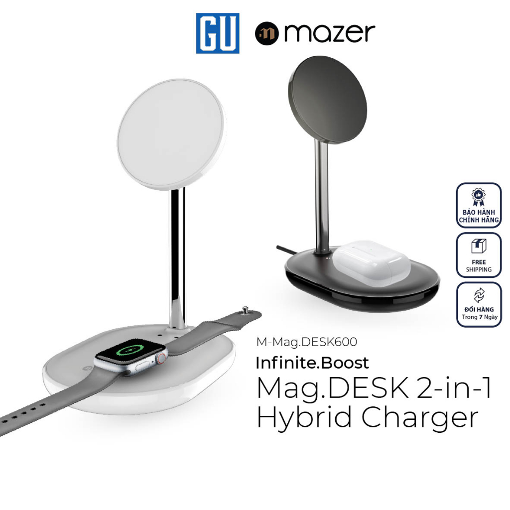 Đế Sạc Không Dây Mazer 2-in-1 Thiết Kế Nhỏ Gọn Sang Trọng Đèn Báo Thông Minh Công Suất Sạc An Toàn Hàng chính hãng