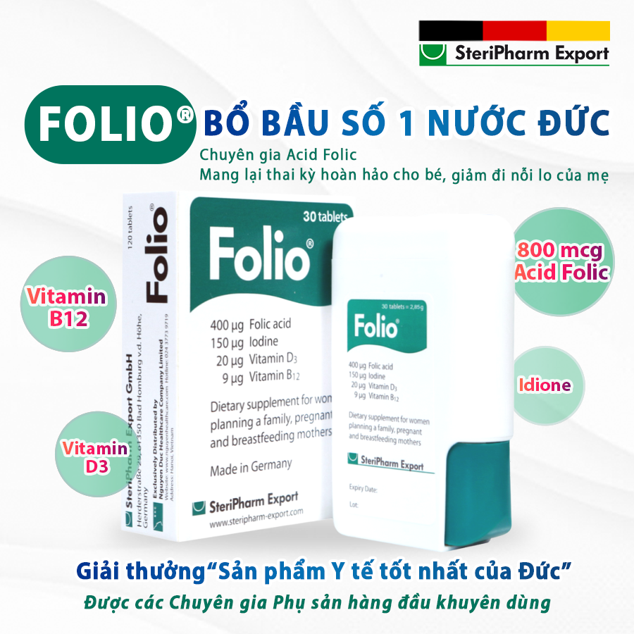 Viên uống bổ sung Acid Folic và các chất dinh dưỡng thiết yếu cho mẹ bầu và cho con bú Folio - Hộp 30 viên - Hộp màu xanh 