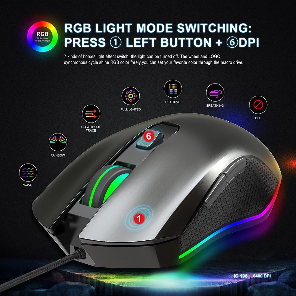 HXSJ 6400DPI Wired Gaming Mouse Four Adjustable DPI RGB Gaming Mouse A866