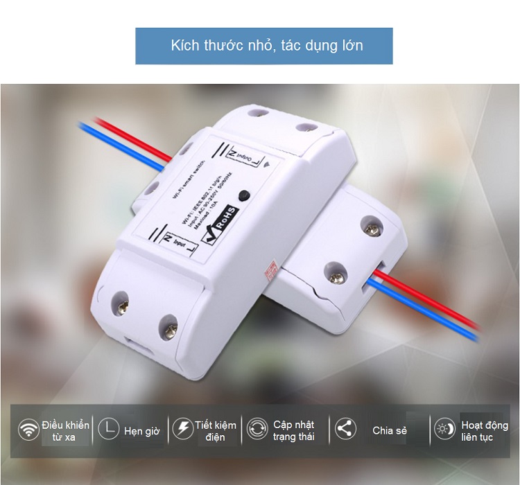 Công tắc điện thông minh có ĐKTX Wifi qua điện thoại, có đèn led- (Tặng 2 nút kẹp cao su giữ dây điện- màu ngẫu nhiên)