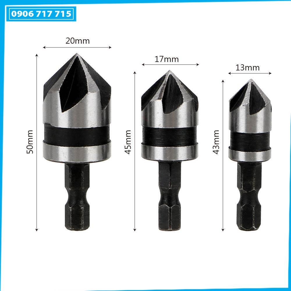 Bộ 3 mũi khoan vát mép góc bằng thép carbon 90 độ chuôi lục giác 5 khóe