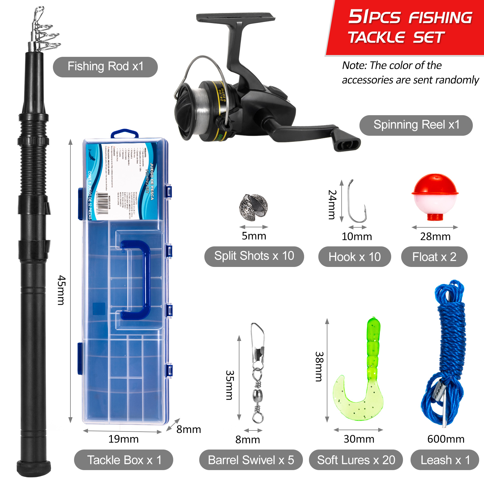 Combo cần câu ống lồng 1,6m và cuộn quay có tỷ số truyền 3.3: 1 với đầy đủ dụng cụ câu cá 51 chi tiết